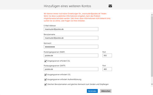 Tragen Sie unter Benutzernamen erneut die Posteo-Adresse ein und die Serveradresse "posteo.de". Danach klicken Sie "Verbinden"